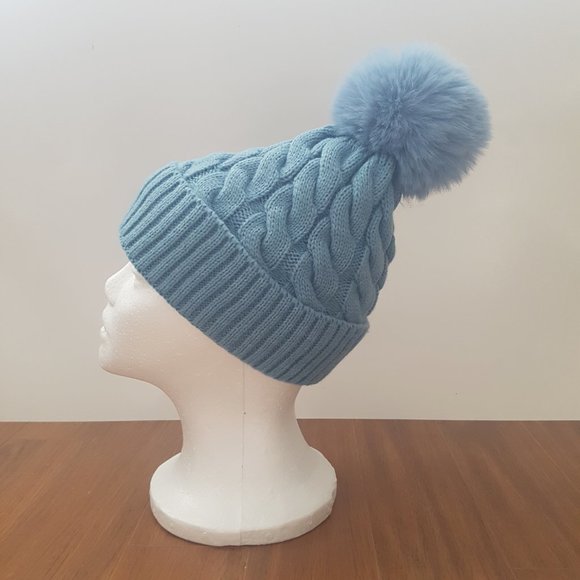 New Handmade Cable Knit Blue Beanie or Toque with Faux Fur Pom Pom and Lining - Picture 6 of 7